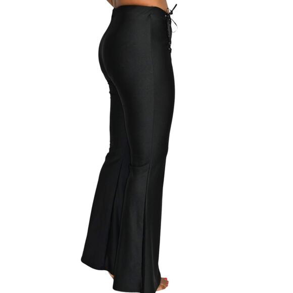 Dolls Kill Flare Pants Black Lace Up Shiny Stretch High Waist Grommet Size Small - Picture 3 of 16
